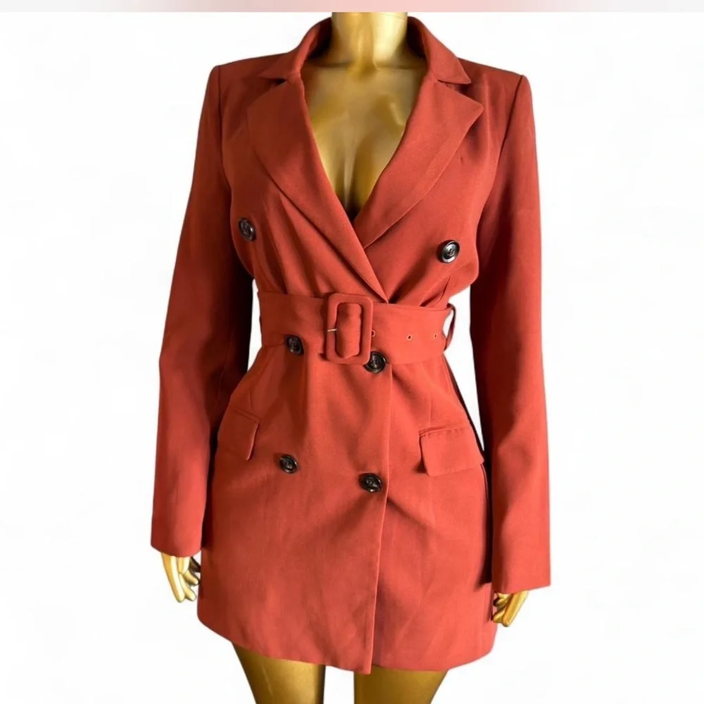 essue Double-Breasted Belted Blazer in Rust - Picture 1 of 5